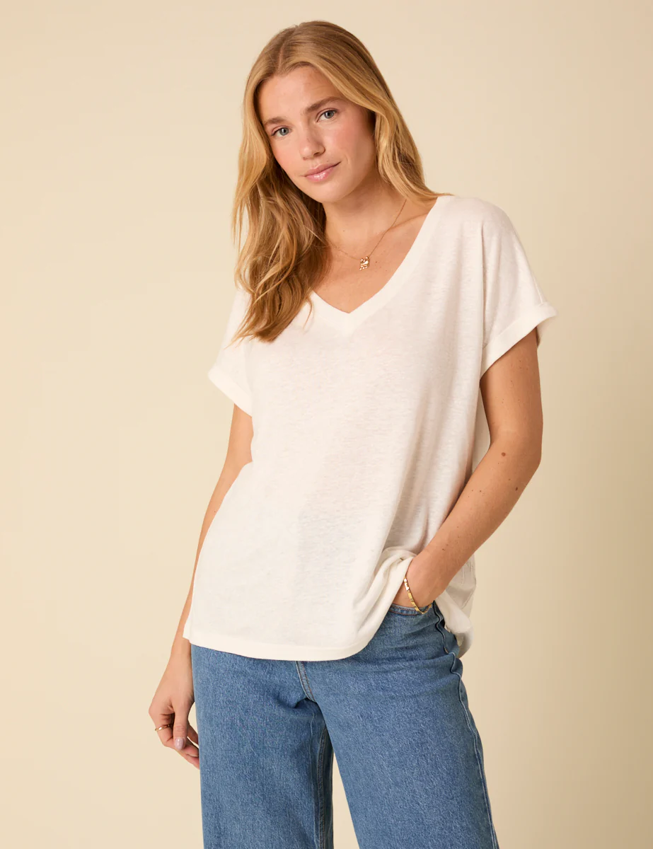 White Linen-Blend Relaxed V-neck T-Shirt - Image 3